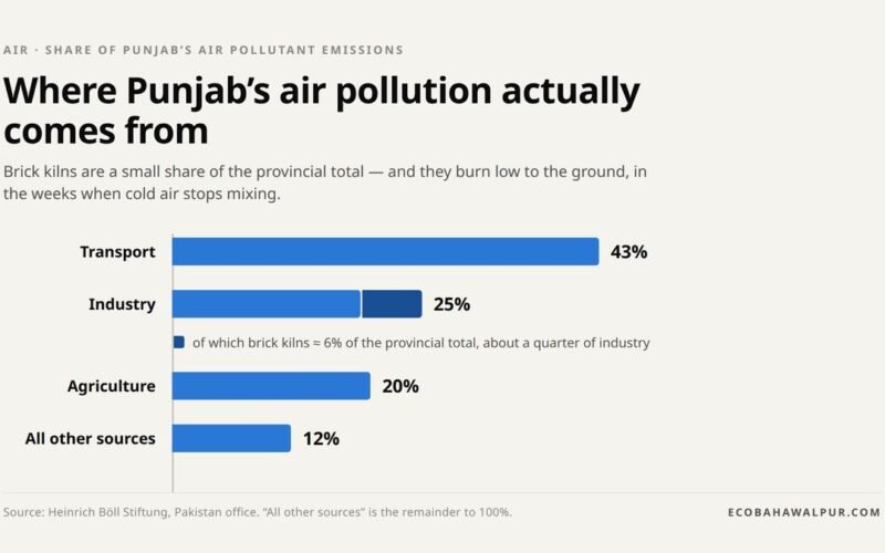 Bar chart of Punjab air pollutant emission sources: transport 43 percent, industry 25 percent, agriculture 20 percent, with brick kilns about 6 percent of the provincial total